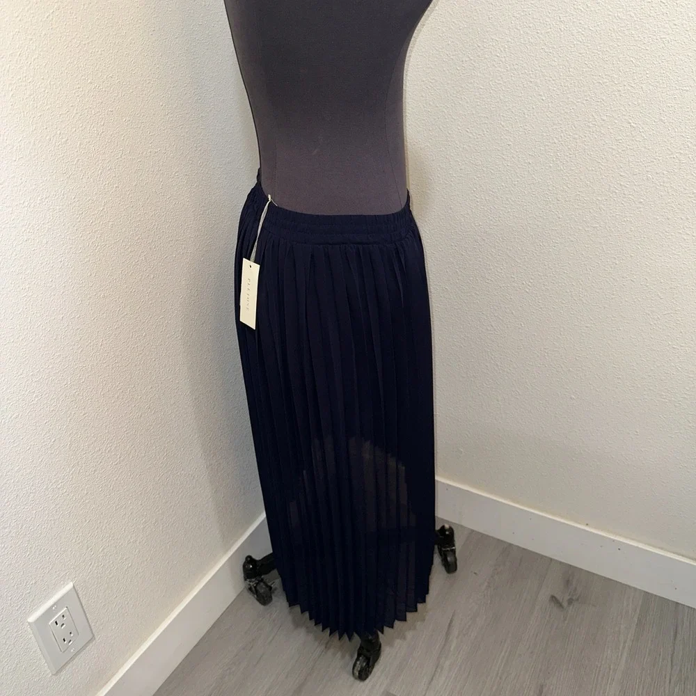 Pleione Asymmetrical Pleated Midi Skirt Black Sheer Overlay Size S Navy Pull‎ On